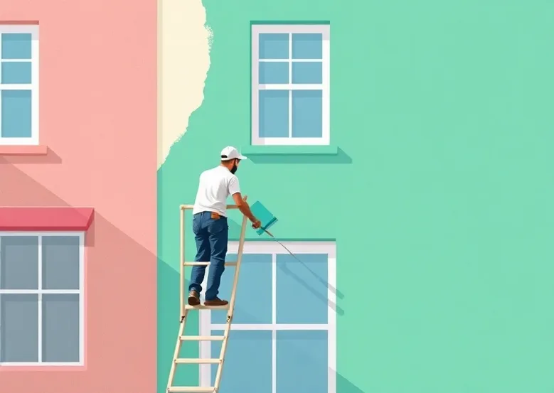 Peintre sur échafaudage traitant la façade d'une maison