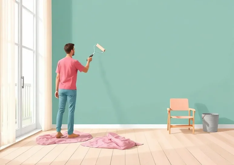 Peintre appliquant la peinture au rouleau sur un mur de salon